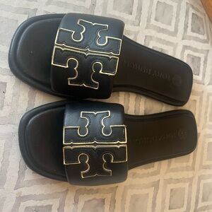 Tory Burch Double T sport slide Black and Gold Sandals WORN LIKE NEW